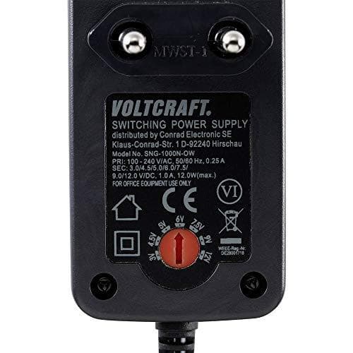 VOLTCRAFT VC-11258685 pistokevirtalähde, säädettävä 3 V/DC, 4,5 V/DC, 5 V/DC, 6 V/DC, 7,5 V/DC, 9 V/DC, 12 V/DC 1 A 12 W lähtö jännite säädettävissä,
