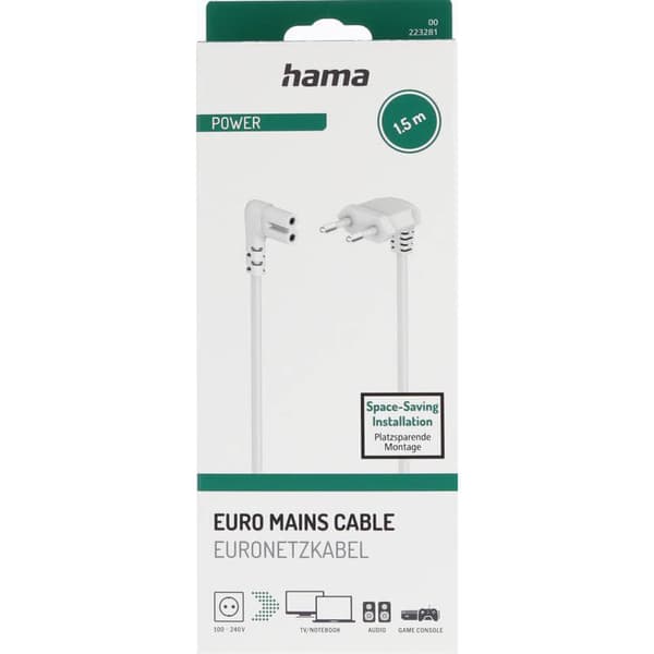 HAMA Power Cable Angled Euro Plug White 1.5m