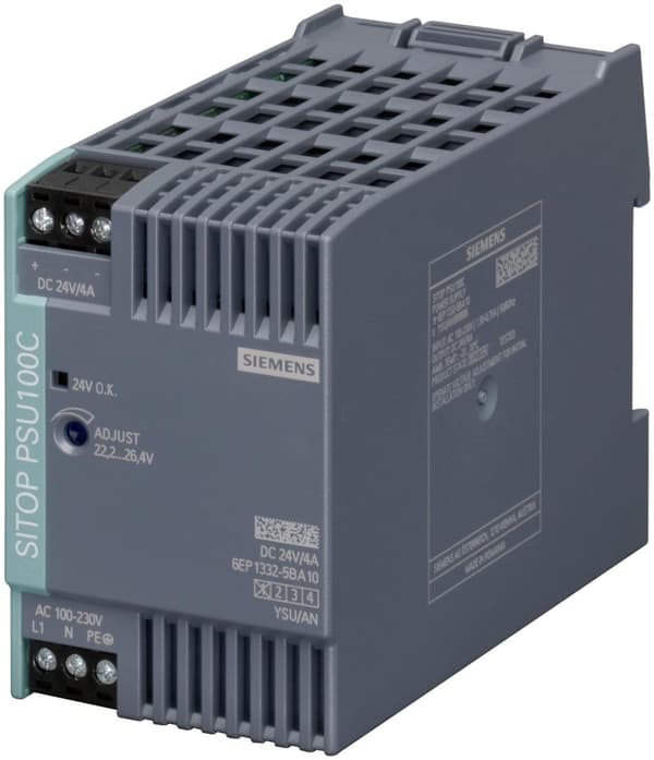 Siemens SITOP PSU100C 24 V/4 A DIN-kiskovirtalähde, hakkurivirtalähde, DIN-virtalähde 24 V/DC 4 A 96 W (6EP1332-5BA10) Monivärinen