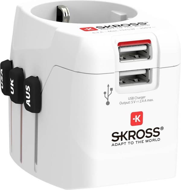 Skross 1302470 Rejsestik Pro Light USB (2xA) -Verden Hvid