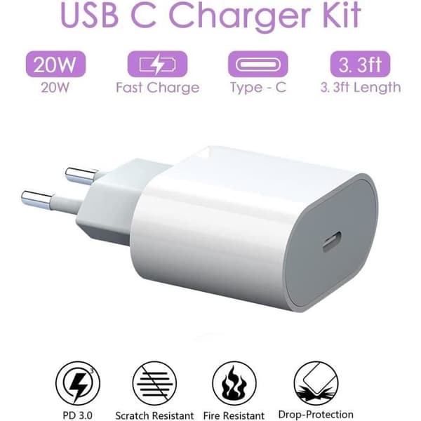 20W USB C-snabbladdare med 1M-kabel USB-C-vägg Snabbströmkontakt Nätadapter för telefon 12-12 Mini - 12 Pro