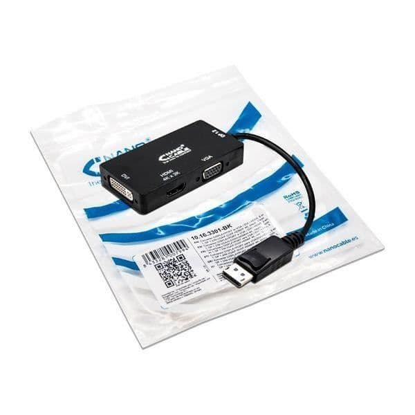 NANOCABLE 10.16.3301-BK 3-i-1 DisplayPort till VGA/DVI/HDMI-adapter Svart