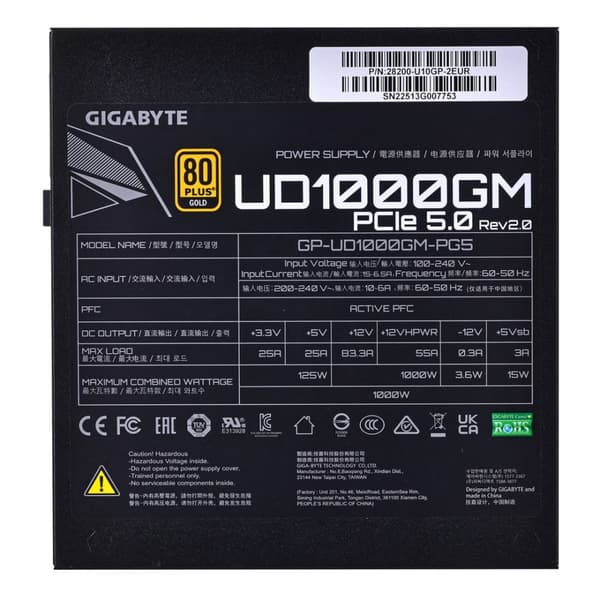 Gigabyte UD1000GM PG5 strømforsyningsenhed 1000 W 20+4 pin ATX ATX Sort
