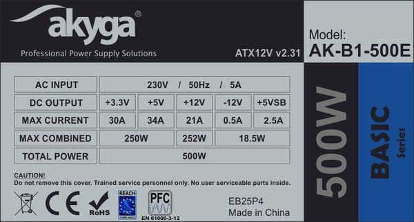 Akyga AK-B1-500E strømforsyningsenhed 500 W 20+4 pin ATX ATX Grå