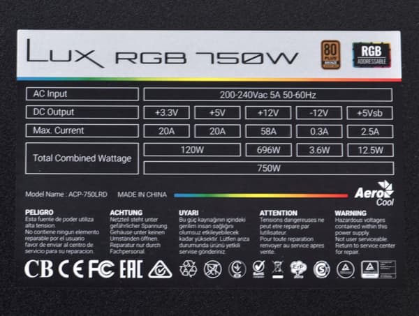Aerocool Lux RGB 750W strømforsyningsenhed Sort