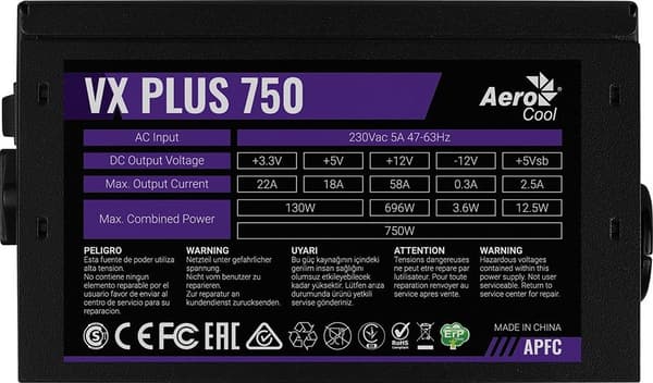STRØMFORSYNING AEROCOOL PGS VX-750PLUS 750W 80+ BOX