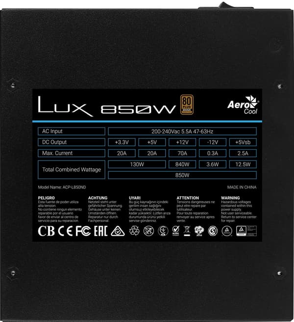 Aerocool LUX850 PC Strømforsyning 850W 80 Plus Bronze 230V 88% Effektivitet Sort