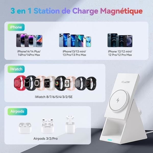 AGPTEK 3 i 1 roterande iPhone induktionsladdare, Mag-Safe trådlös laddare för iPhone 15/14/13, Apple Watch, AirPods