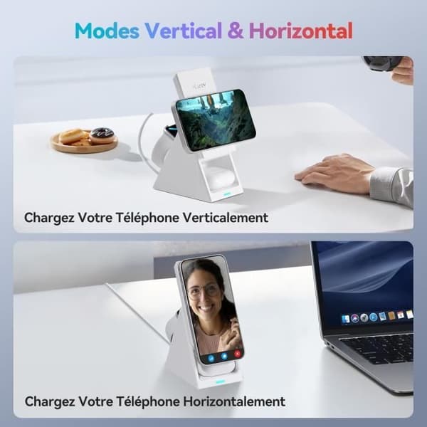 AGPTEK 3 i 1 roterande iPhone induktionsladdare, Mag-Safe trådlös laddare för iPhone 15/14/13, Apple Watch, AirPods