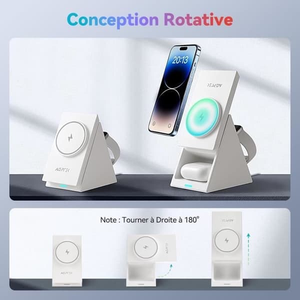 AGPTEK 3 i 1 roterande iPhone induktionsladdare, Mag-Safe trådlös laddare för iPhone 15/14/13, Apple Watch, AirPods