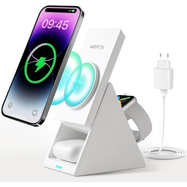 AGPTEK 3 i 1 roterande iPhone induktionsladdare, Mag-Safe trådlös laddare för iPhone 15/14/13, Apple Watch, AirPods