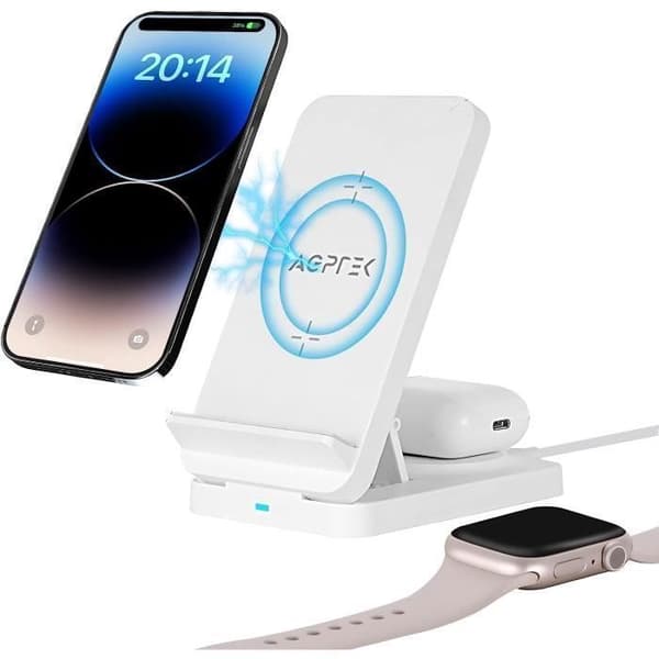 AGPTEK 3EN1 Fällbar Trådlös Laddare, 15W Qi Induktiv Laddningsstation för iPhone14/13/12/12 Pro/11/XR/XS/X/8, Samsung Galaxy