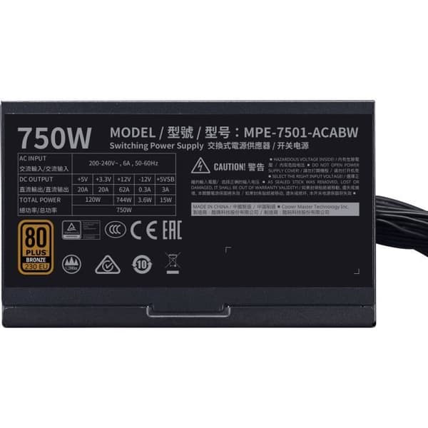 COOLER MASTER MWE Bronze 750W V2 - 750W strömförsörjning - 230V (80 Plus Bronze certifierad 5 års garanti) Svarta platta kablar