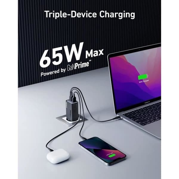 Anker GaNPrim 735 - USB-C snabbladdare - 65W - Kompakt 3 portar