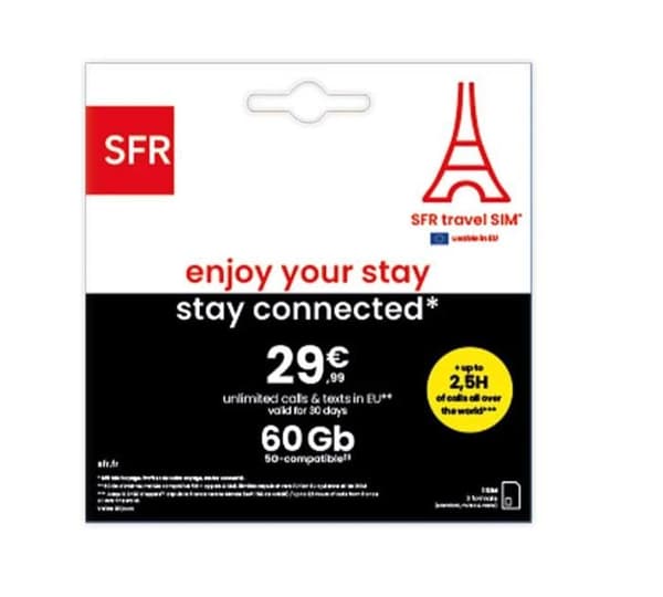 Prepaid SIM-kort - SFR - Europaturist - 60 Go Internet - 2 timmar samtal - 5G-kompatibel