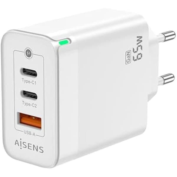 AISENS GAN Laddare 65W 2XUSB-C PD3 0 QC4 0 1XUSB-A QC3 0 Vit