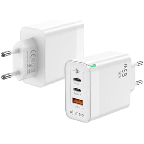 AISENS GAN Laddare 65W 2XUSB-C PD3 0 QC4 0 1XUSB-A QC3 0 Vit