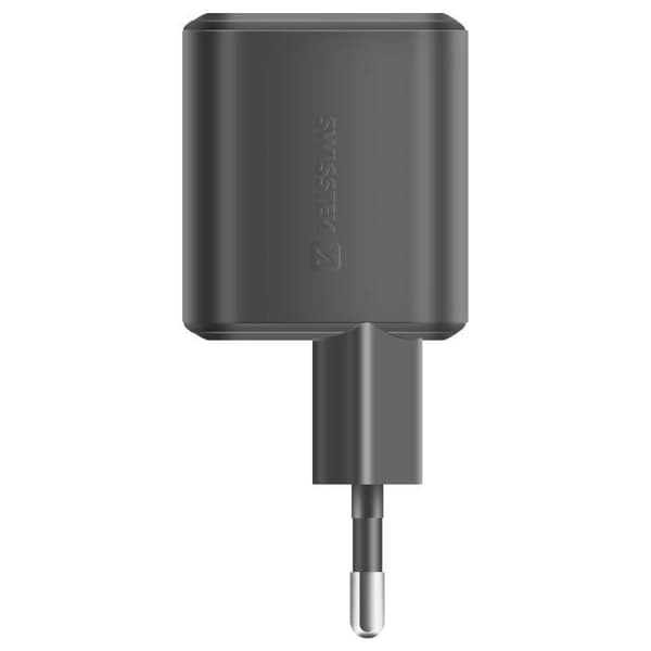 12W USB + USB-C Strömadapter Snabbladdning Kompakt Format Swissten Svart
