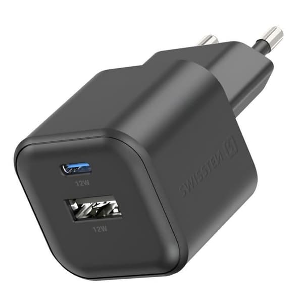 12W USB + USB-C Strömadapter Snabbladdning Kompakt Format Swissten Svart