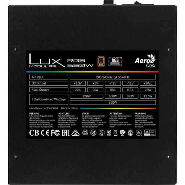 Strømforsyning Aerocool LUXRGB650M 650 W 80 Plus Bronze