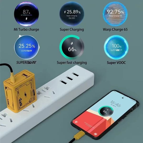 Snabbladdare, 120W USB A+ C-adapter med 1M kabel, 2-ports snabbladdare kompatibel med iPhone Pro/iPad Pro/Samsung, gul