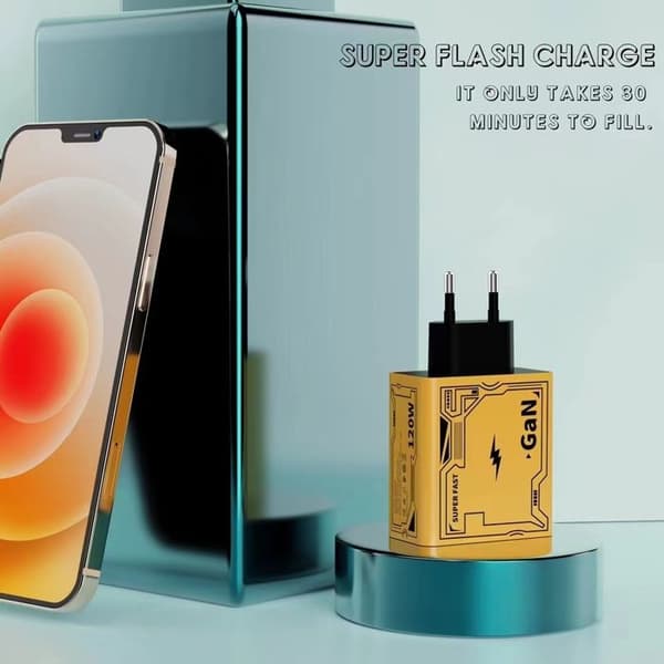 Snabbladdare, 120W USB A+ C-adapter med 1M kabel, 2-ports snabbladdare kompatibel med iPhone Pro/iPad Pro/Samsung, gul