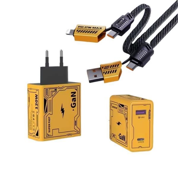 Snabbladdare, 120W USB A+ C-adapter med 1M kabel, 2-ports snabbladdare kompatibel med iPhone Pro/iPad Pro/Samsung, gul