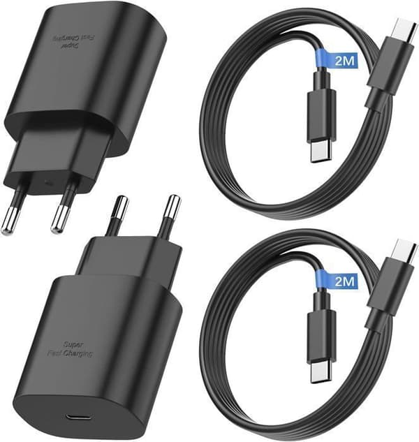 (Pack med 2) 25W snabbladdningsladdare + 2M USB-C Type-C-kabel Kompatibel med Samsung S24/ S23/ S22/ S22 Plus/ S21 FE/USB C-kontakt