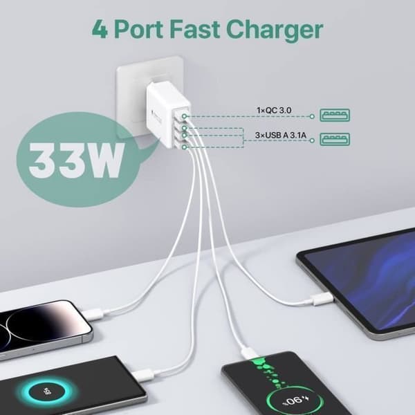 USB-laddare, 4-portars USB-laddningsadapter med 33W Smart QC 3.0 snabbladdare, multiportkompatibel med iPhone ect
