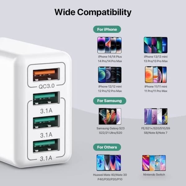 USB-laddare, 4-portars USB-laddningsadapter med 33W Smart QC 3.0 snabbladdare, multiportkompatibel med iPhone ect