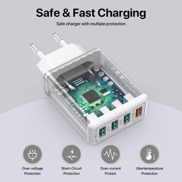USB-laddare, 4-portars USB-laddningsadapter med 33W Smart QC 3.0 snabbladdare, multiportkompatibel med iPhone ect