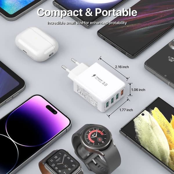 USB-laddare, 4-portars USB-laddningsadapter med 33W Smart QC 3.0 snabbladdare, multiportkompatibel med iPhone ect