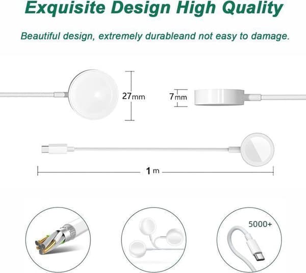 Laddare för Apple Watch, USB-C snabbladdningskabel (1 m), med Apple Watch Series 9/8/7/6/SE/5/4/3/2/1/Ultra/Ultra 2, Vit