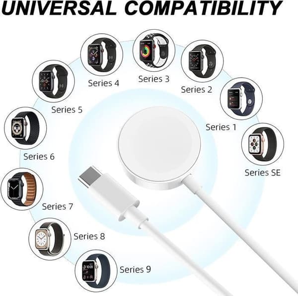 Laddare för Apple Watch, USB-C snabbladdningskabel (1 m), med Apple Watch Series 9/8/7/6/SE/5/4/3/2/1/Ultra/Ultra 2, Vit