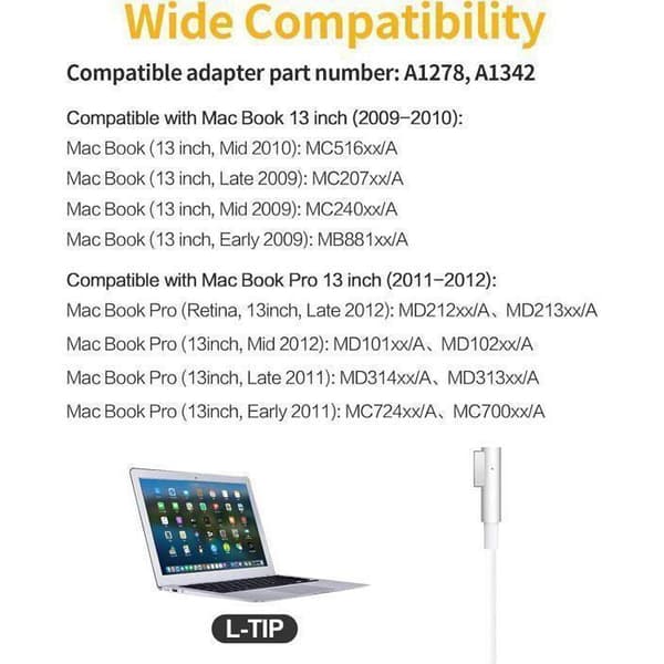 Mac Book Pro-laddare, 60W L-Tip Mags 1-laddare kompatibel med Mac Book Pro 13 tum (sent 2009, 2010, 2011, mitten av 2012) Ect, vit