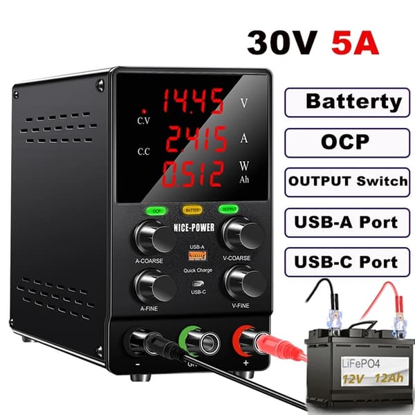 Justerbar DC Strømforsyning, 30V 10A Output, Flere Beskyttelser,SPS305C 30V5A, AC 220V = Vekselstrøm 220V