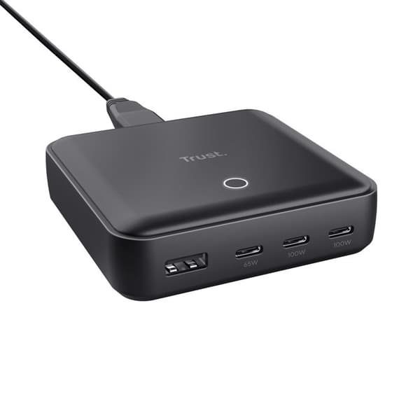 TRUST Maxo 4-portars 100W USB Bordsladdare USB-C och USB-A, 100W snabbladdning, strömförsörjning (PD) Svart