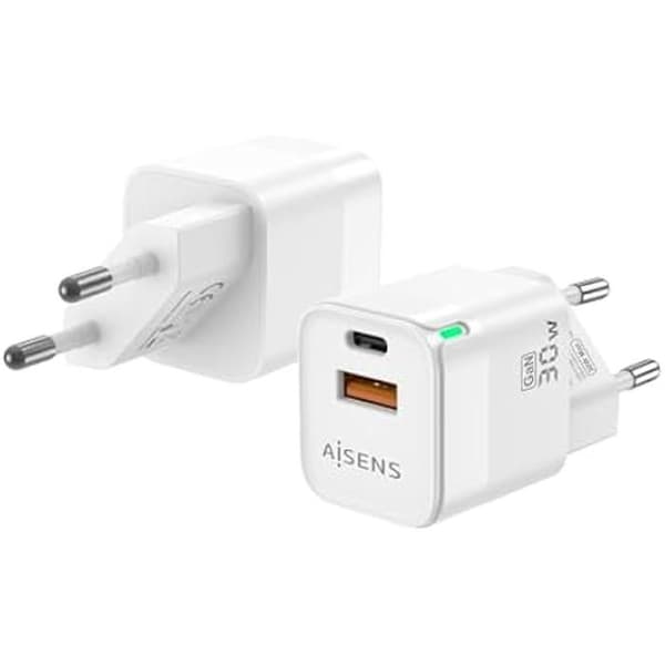 AISENS GAN Laddare 30W 1XUSB-C PD3.0 QC4.0 1XUSB-A QC3.0 Vit Vit
