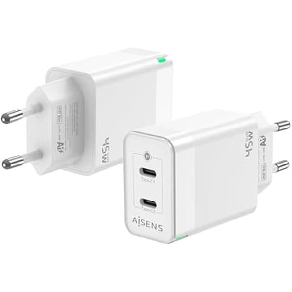 AISENS ASCH-45W2P005-W GaN-laddare - 2XUSB-C PD3.0 QC4.0 - Vit Vit