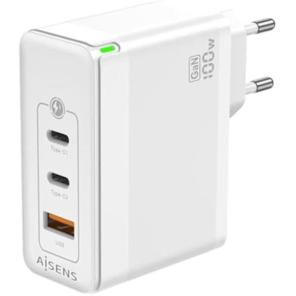 AISENS GAN Laddare 100W 2XUSB-C PD3 0 QC4 0 QC5 0 1XUSB-A QC3 0 Vit