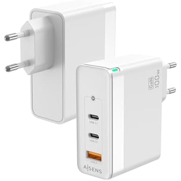 AISENS GAN Laddare 100W 2XUSB-C PD3 0 QC4 0 QC5 0 1XUSB-A QC3 0 Vit Vit