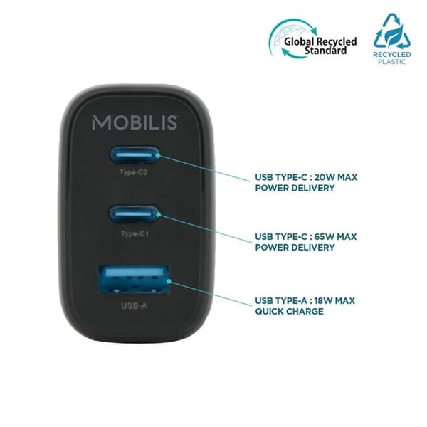 Laddare - MOBILIS - 65W GaN - 2 USB-C & 1 USB-A - PC, surfplatta och smartphone