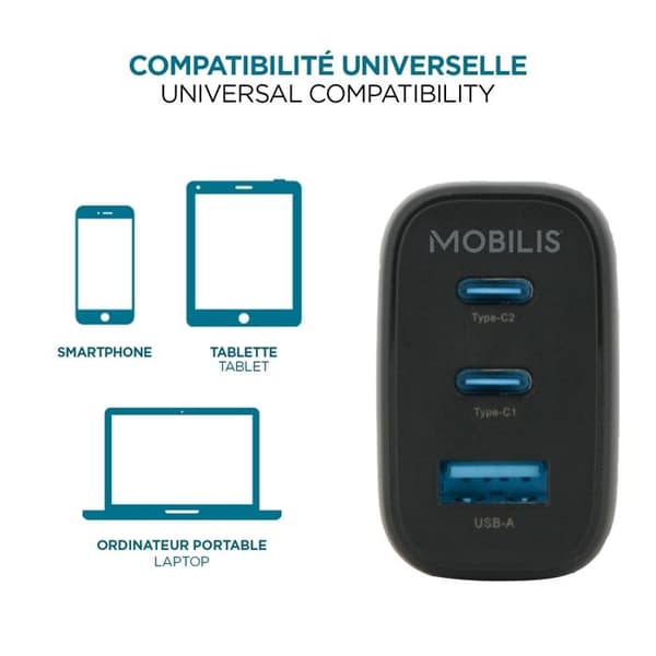 Laddare - MOBILIS - 65W GaN - 2 USB-C & 1 USB-A - PC, surfplatta och smartphone