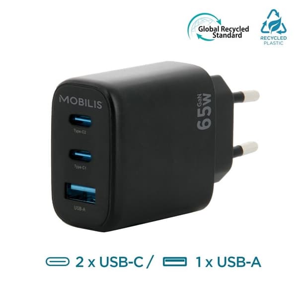 Laddare - MOBILIS - 65W GaN - 2 USB-C & 1 USB-A - PC, surfplatta och smartphone