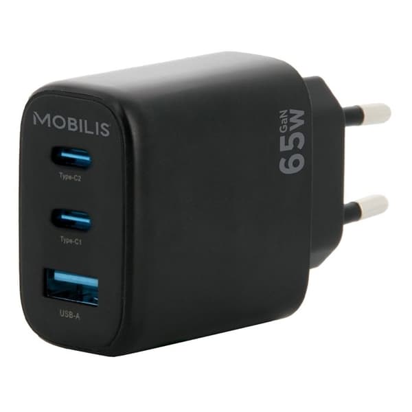 Laddare - MOBILIS - 65W GaN - 2 USB-C & 1 USB-A - PC, surfplatta och smartphone
