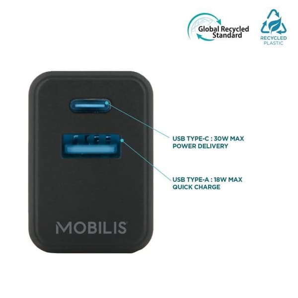 Nätladdare - MOBILIS - 30W GaN - 1 USB-C-port, 1 USB-A-port - för smartphone och surfplatta