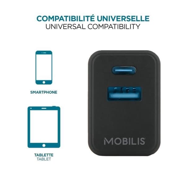 Nätladdare - MOBILIS - 30W GaN - 1 USB-C-port, 1 USB-A-port - för smartphone och surfplatta