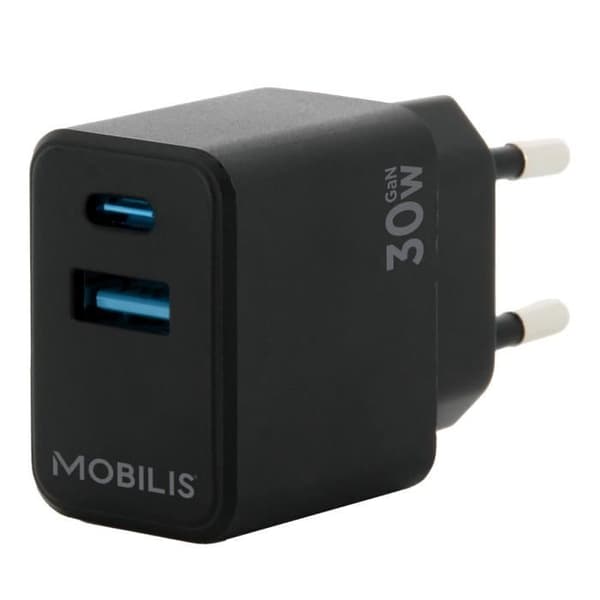 Nätladdare - MOBILIS - 30W GaN - 1 USB-C-port, 1 USB-A-port - för smartphone och surfplatta