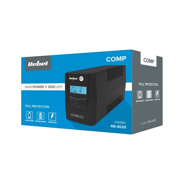 UPS computer nødstrømforsyning REBEL model Nanopower Plus 1000 (offline, 1000VA / 600W, 230 V, 50Hz, LCD, USB, RJ45)