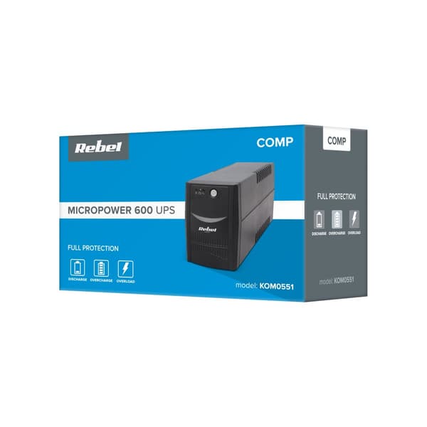 UPS nødstrømforsyning REBEL model Micropower 600 (offline, 600VA / 360W, 230 V, 50Hz)